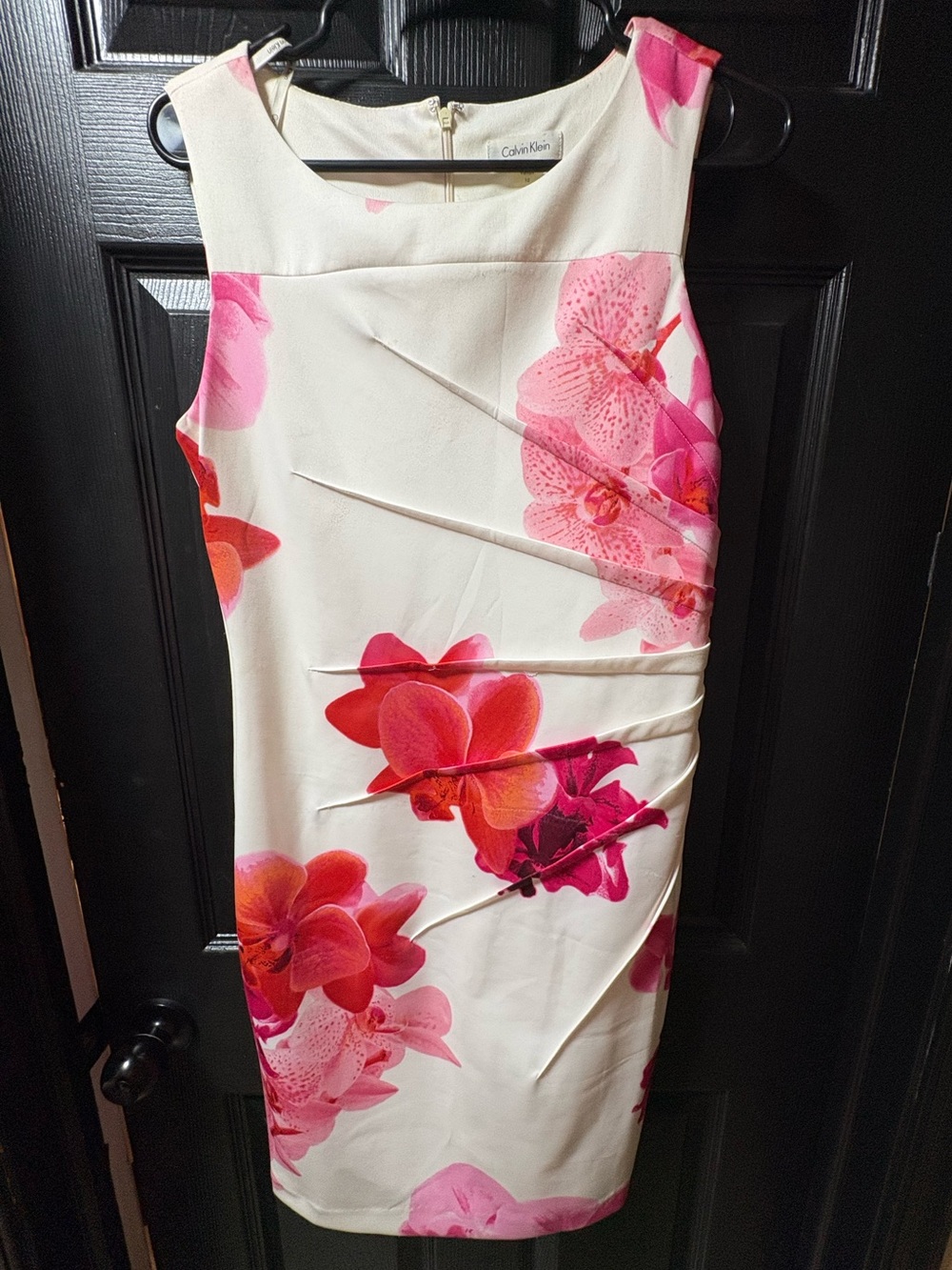 Calvin Klein Cream Midi Sheath Dress with Pink and Red Floral Print